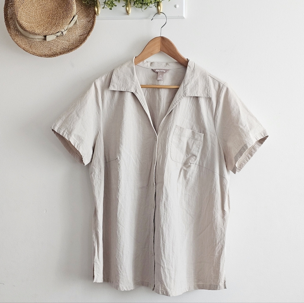 White Stag 1X 16W Button Front Cotton Blouse Stone Beige Short Sleeve Pocket Top